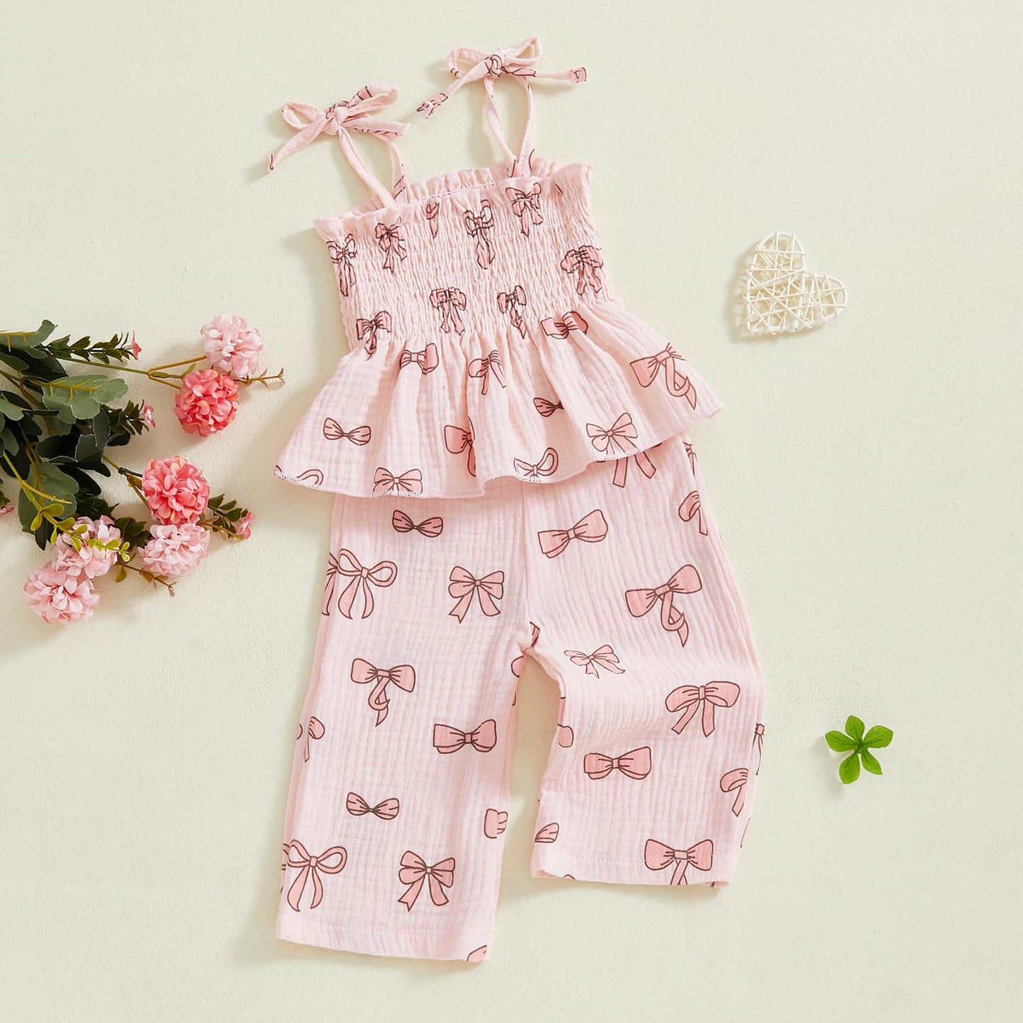 Visgogo Valentines Day Baby Girl Outfits Sleeveless Smocked Strap Camisole Linen Pants Heart/Bow Baby Summe Clothes (Pink-Bow, 9