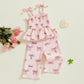 Visgogo Valentines Day Baby Girl Outfits Sleeveless Smocked Strap Camisole Linen Pants Heart/Bow Baby Summe Clothes (Pink-Bow, 6