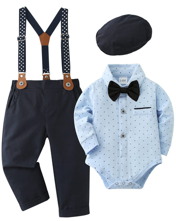 Disaur Baby Boy Clothes Toddler Boy Outfits, 4Pc Gentleman Dress Romper + Beret Hat + Suspender Pants + Bow Tie Cotton Suit Set