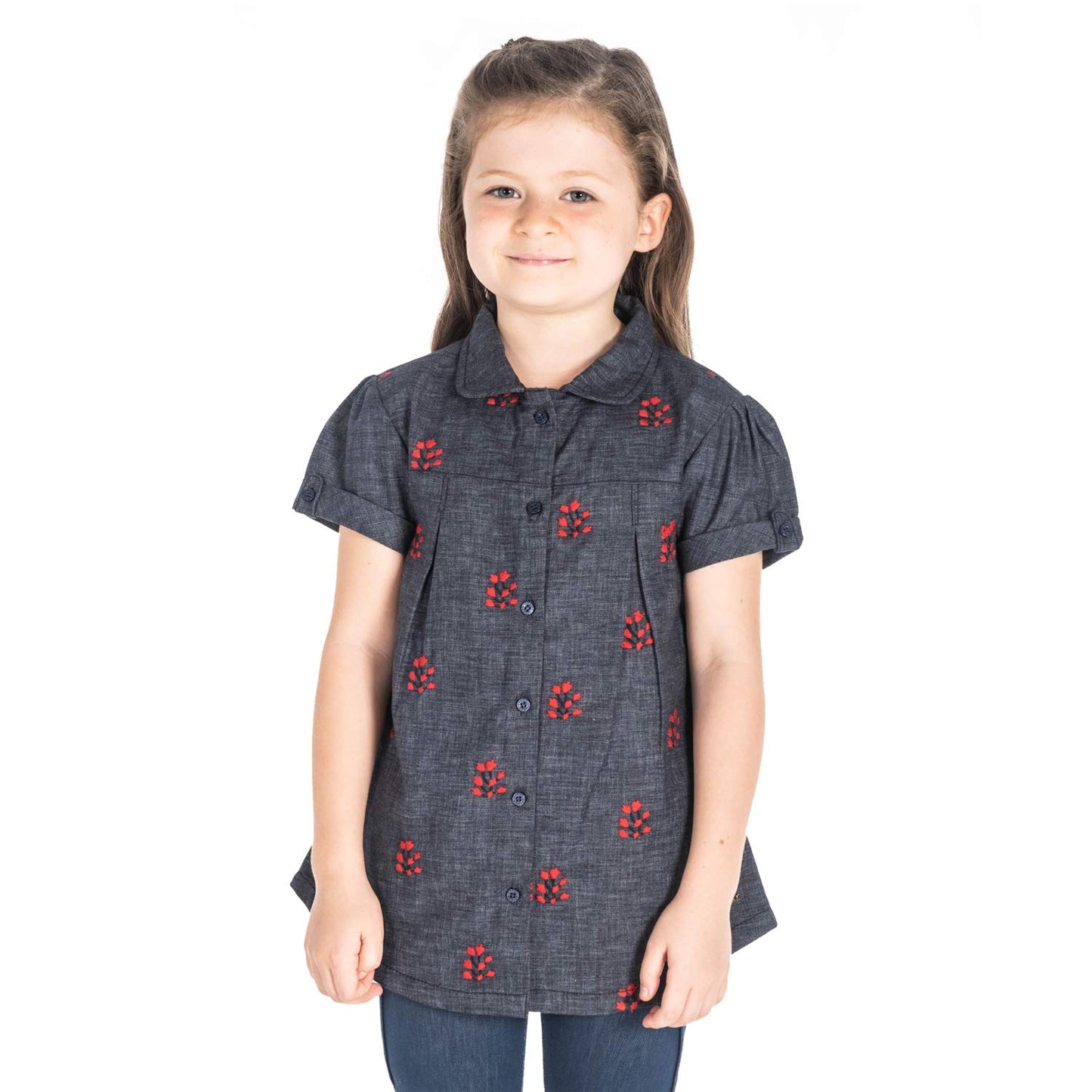 Cherry Crumble Grey Embroidery & Printed 100% Cotton Half Sleeves Peter Pan Collar Casual Wear Regular Fit Embroidered Summer To