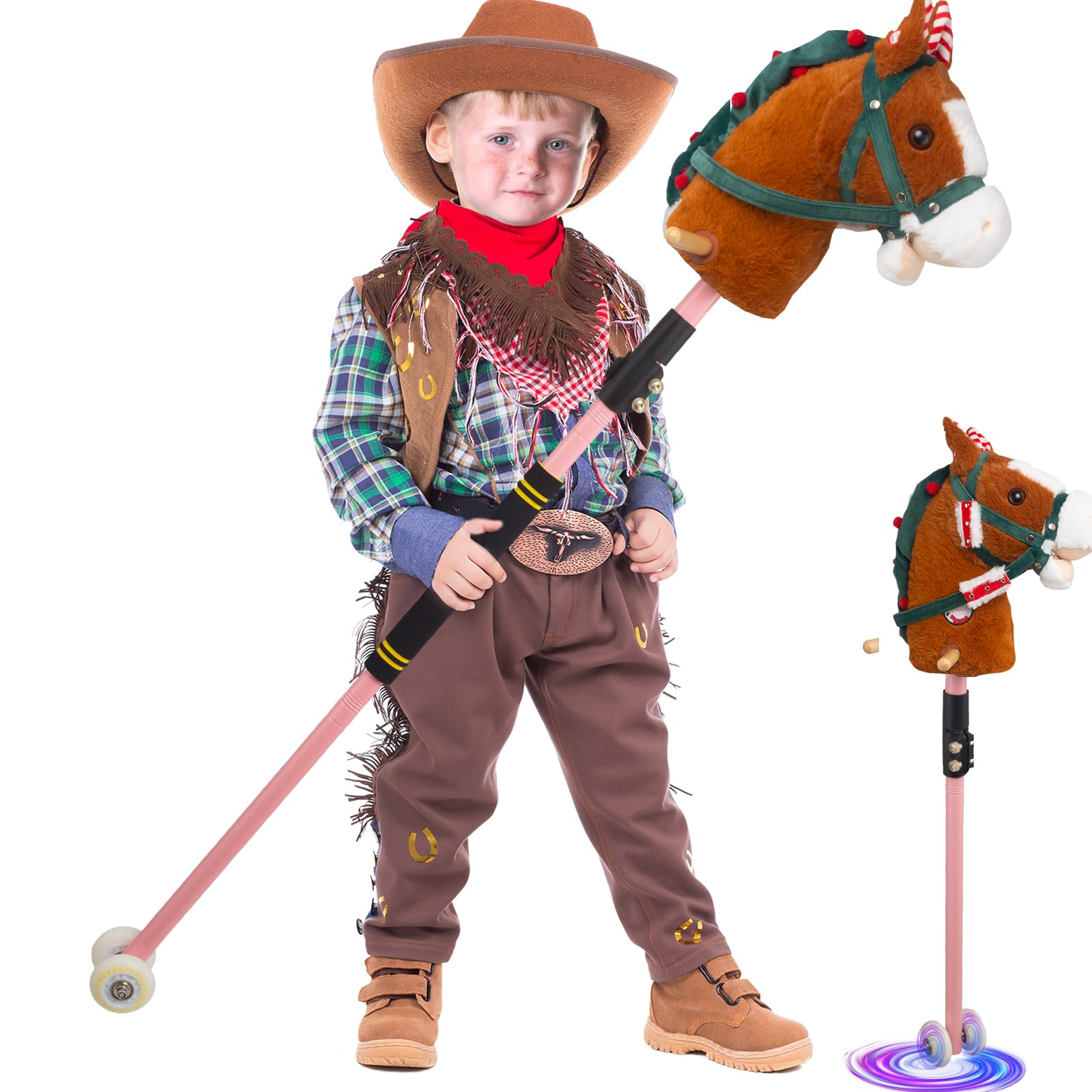 Stick Horse, Horse on a Stick for Kids Ages 4-12 with Illuminated Silent Wheels Pony on a Stick Adjust 30-51 Complimentary AA Ba