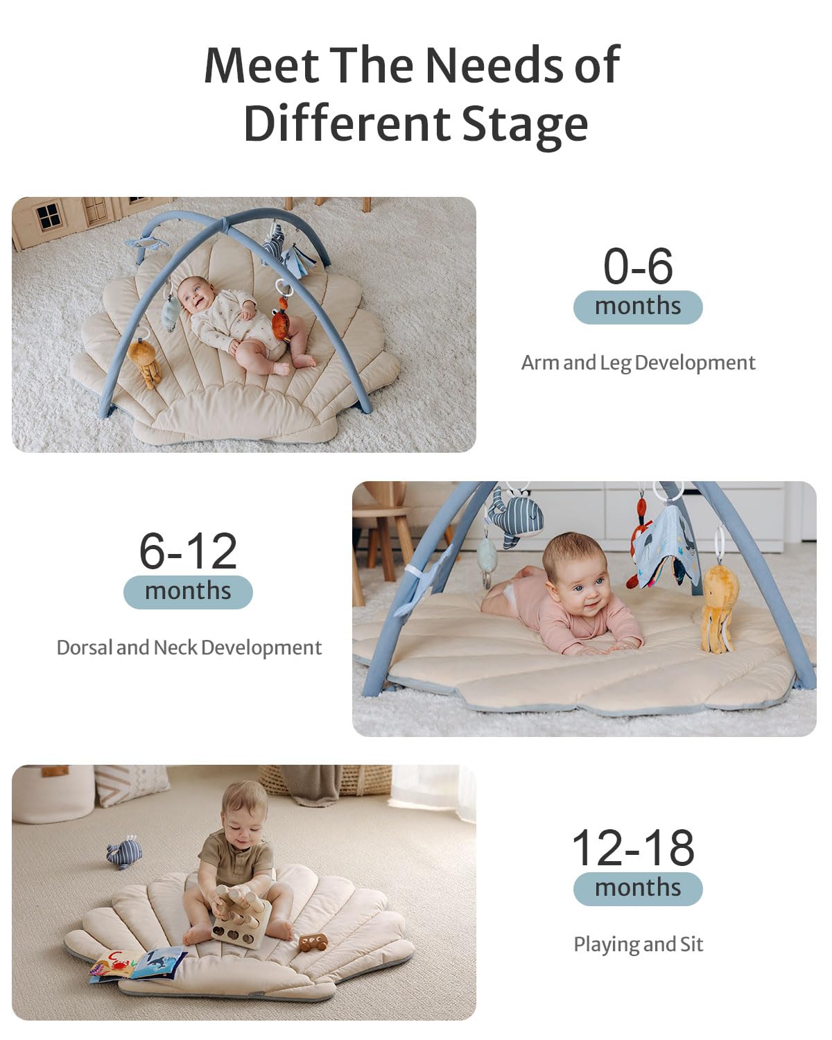 Blissful Diary Shell Baby Play Gym Mat, Softer & Enlarged Tummy Time Mat W 6 Detachable Toys For Sensory & Motor Skill Developme