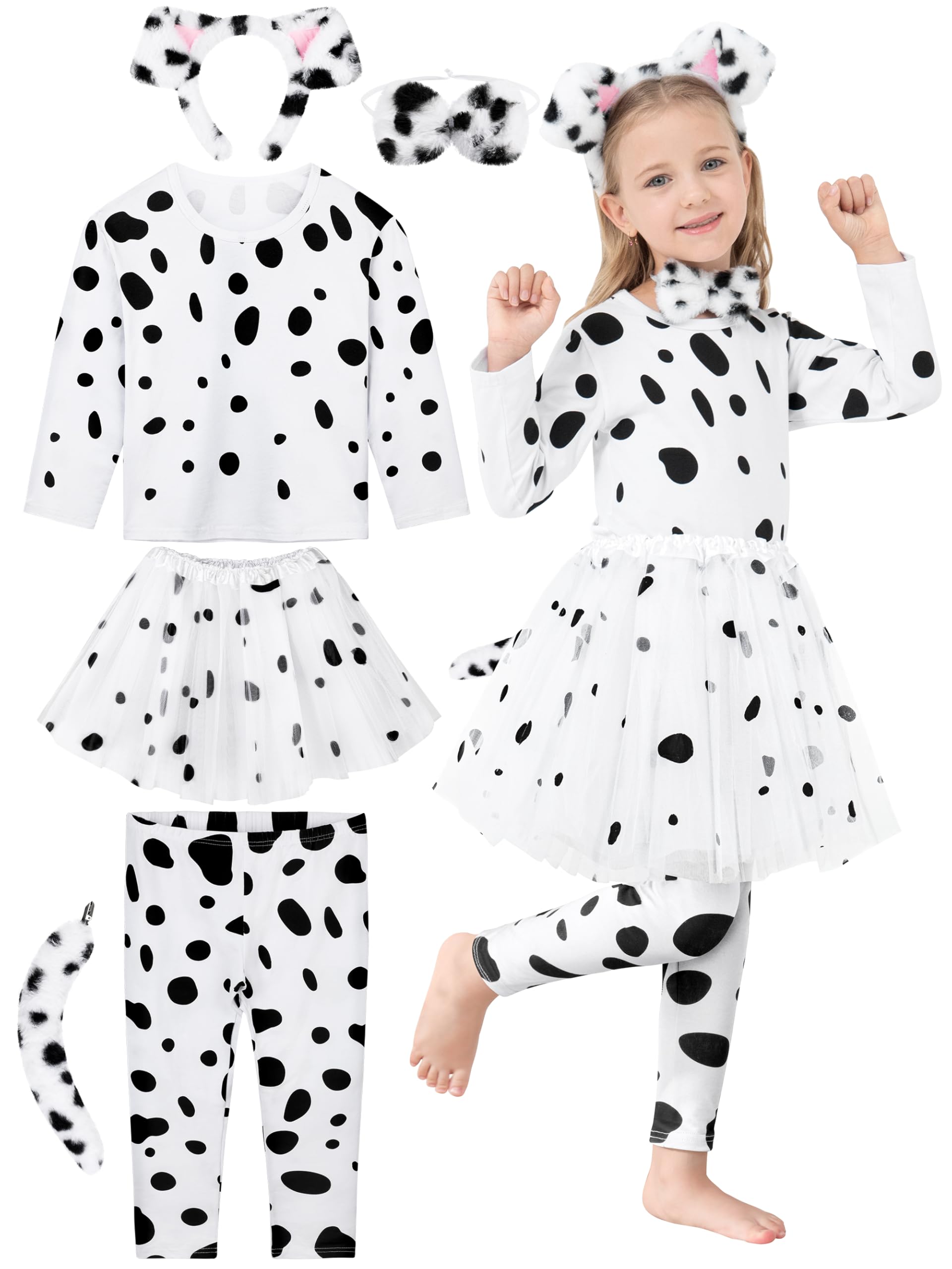 Fancyfun 100 Days Of School Dalmatians Costume Kids, Girl Cotton Costume Dalmatians Dog Outfit Set T-Shirt Tutu Leggings