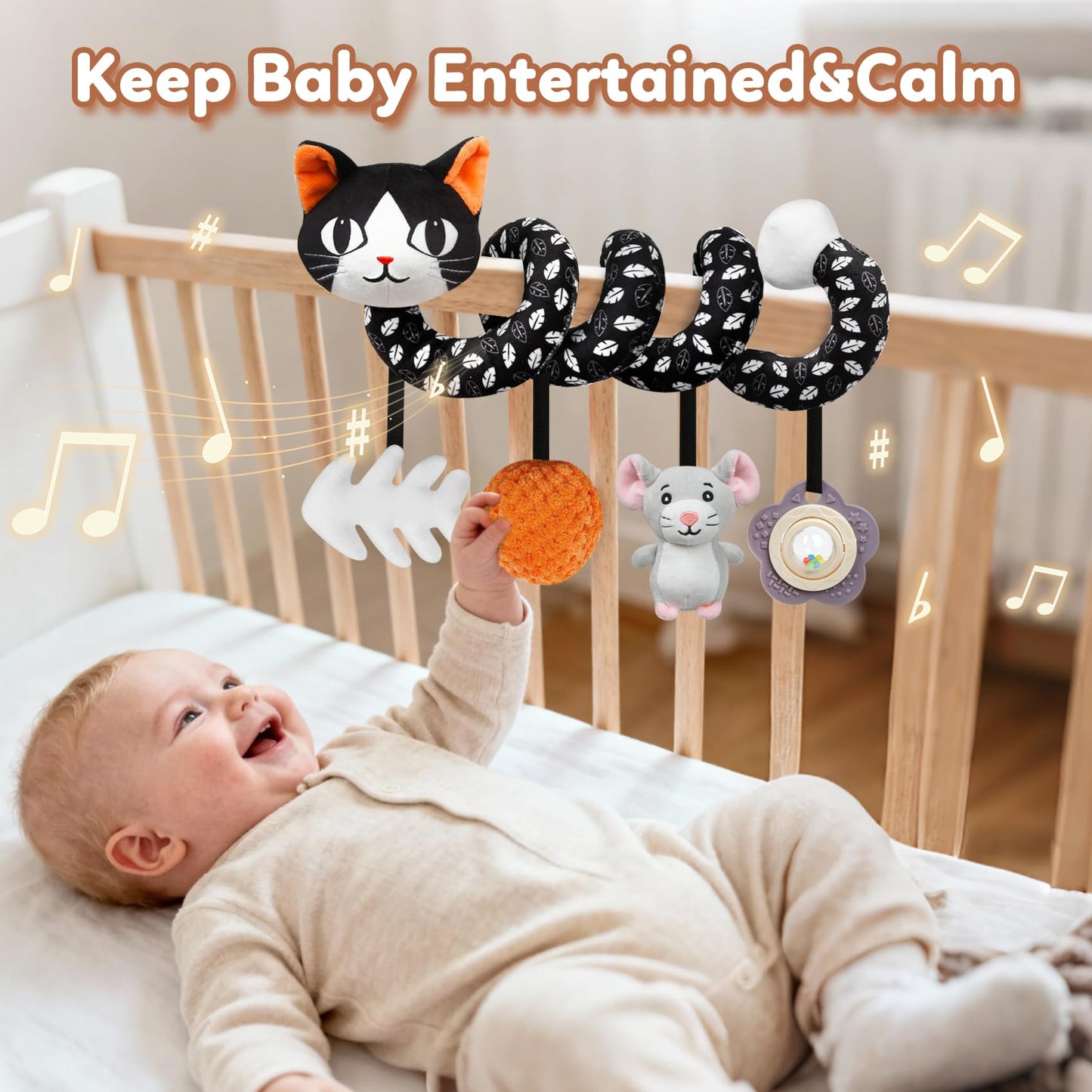 GKDOMS Baby Carseat Toy Black & White Rattle Spiral Hanging Activity Stroller Toy for Newborns Boys and Girls - Cat