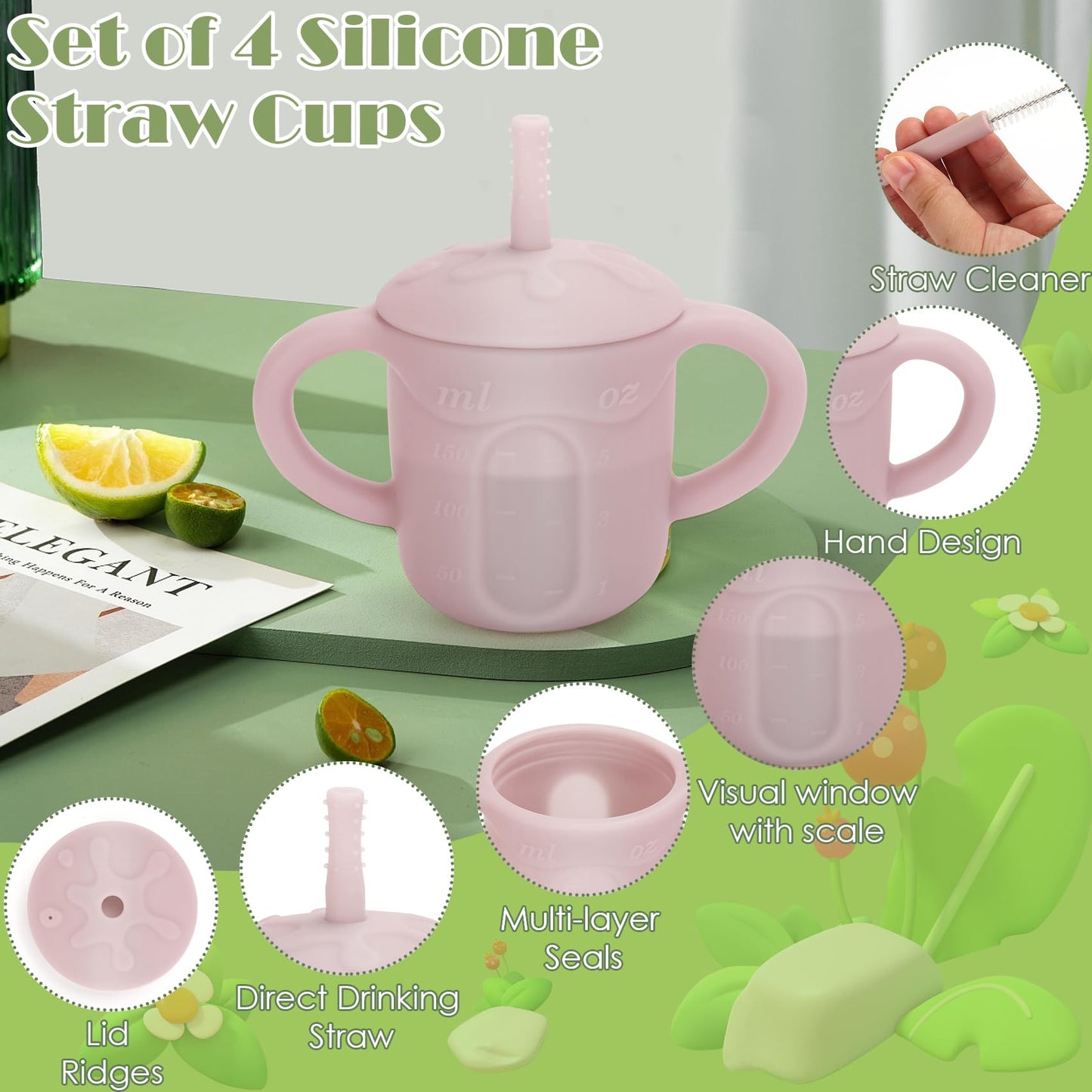 Esofficce Silicone Baby Straw Cup, 9.56 Oz Baby Sippy Cup With Straw And Handle, Silicone Training Cup & Straw For Toddlers,Sili