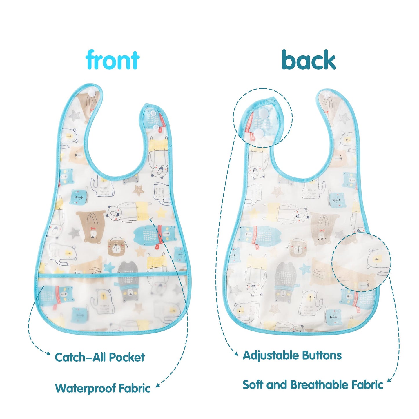 R Horse 5Pcs Baby Toddler Bibs With Crumb Catcher Pocket & Snap Button Adjustable Waterproof Baby Feeding Bibs For Boys Girls 6-