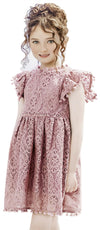 2Bunnies Girl Baby Toddler Vintage Lace Pom Pom Flutter Sleeve Easter Birthday Outfit Dress (Dusty Pink, 4T)