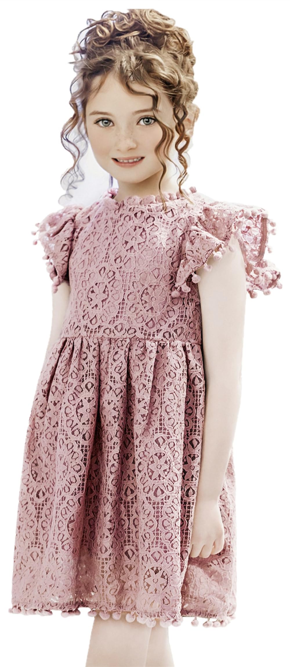 2Bunnies Girl Baby Toddler Vintage Lace Pom Pom Flutter Sleeve Easter Birthday Outfit Dress (Dusty Pink, 2T)