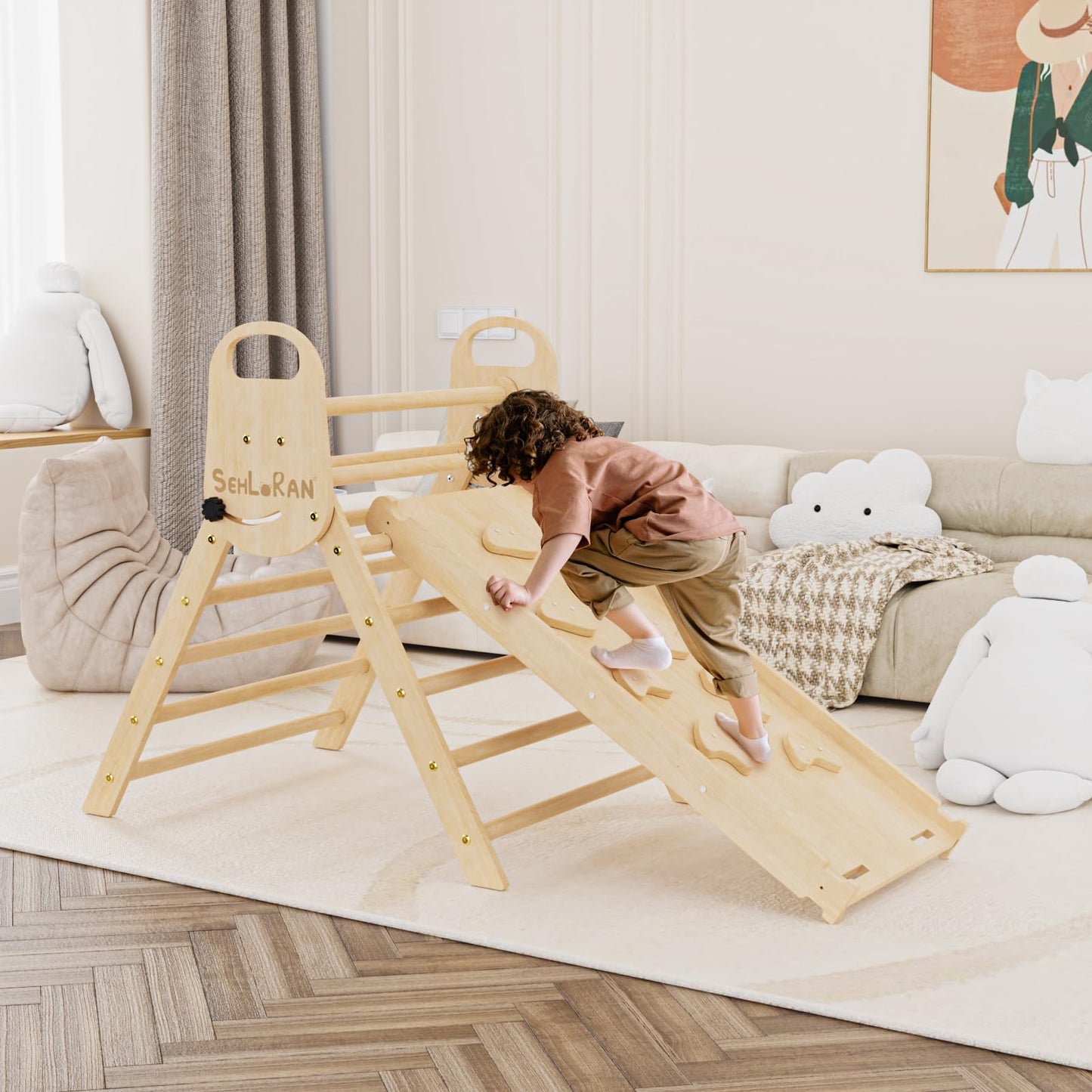 Sehloran Large Size 8 In 1 Pikler Triangle Set With Pinball Game And Tent For Kids, Foldable Toddler Climbing Toys Indoor, Natur