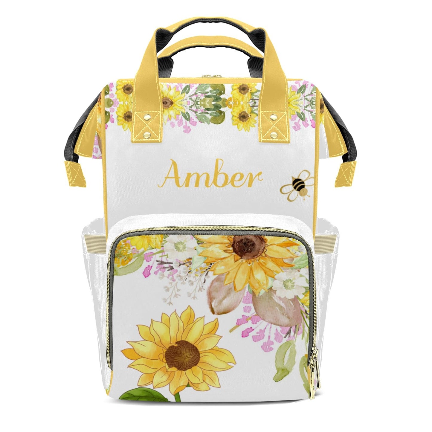 XOZOTY Watercolor Sunflower Bee Diaper Bags Backpack with Name Personalized Baby Bag Nursing Nappy Bag Travel Tote Bag Gifts