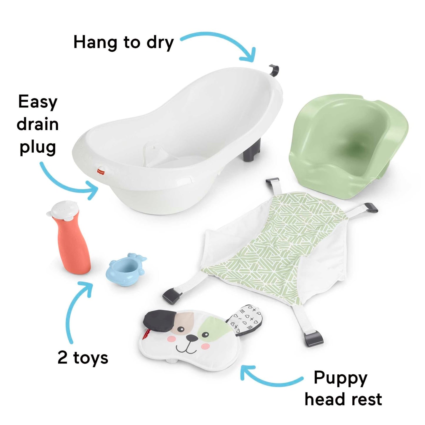 Fisher-Price Baby To Toddler Bath 4-In-1 Sling N Seat Tub With Removable Infant Support And 2 Toys, Puppy Perfection
