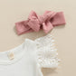 Infant Girls Summer 3Pcs Outfit Sets Ruffle Short Sleeve Ribbed Romper + Suspender Skirt + Headband (A-Pink, 12-18 Months)