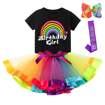 K-Acc Rainbow Birthday Girl Outfit - Shirt, Tutu Skirt, Hair Bow, Satin Sash - Costume For Girls Birthday Party (3T, Rainbow 2)