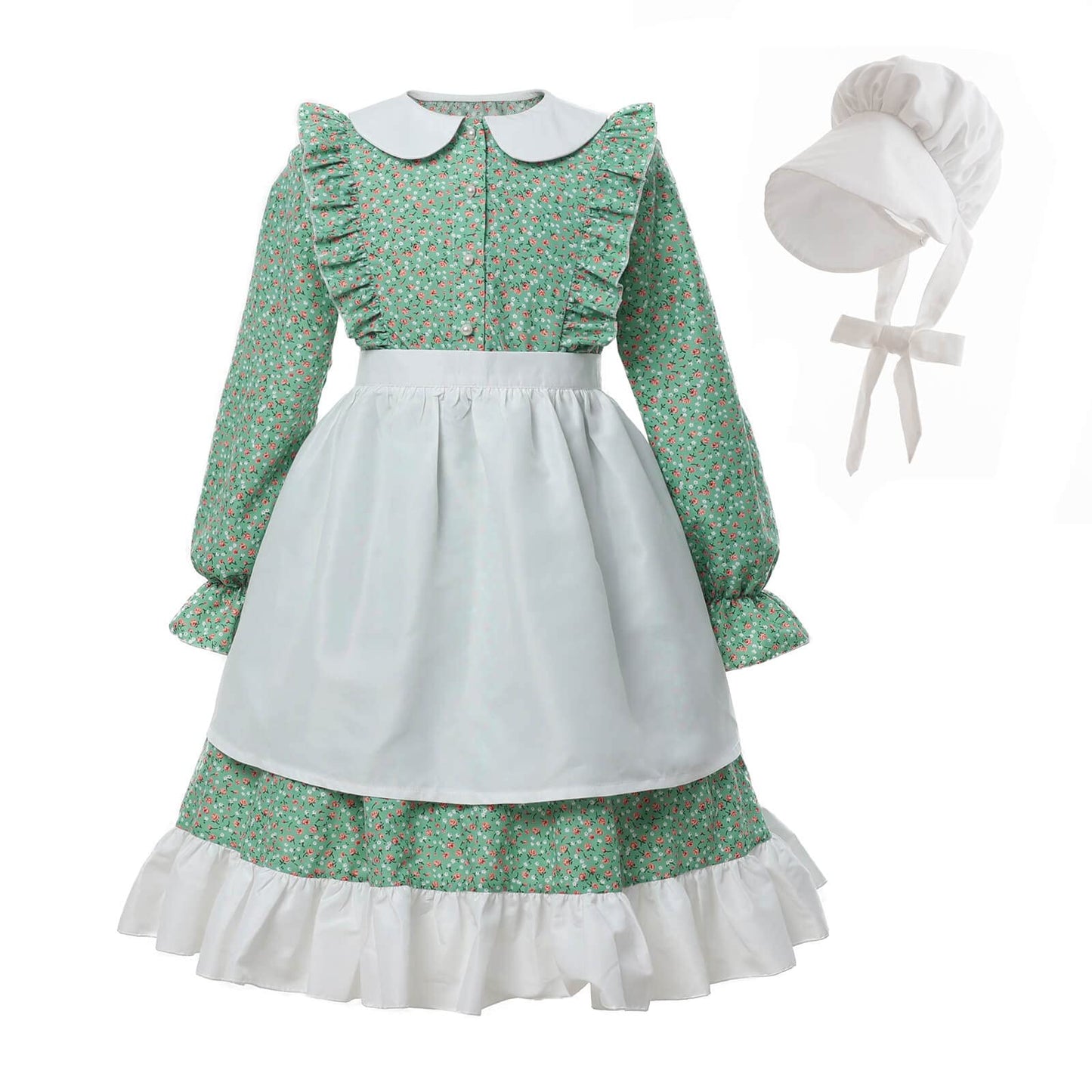 Nuoqi Prairie Dresses For Girls Pioneer Girl Laura Ingalls Wilder Costume With Apron 6-7 Green
