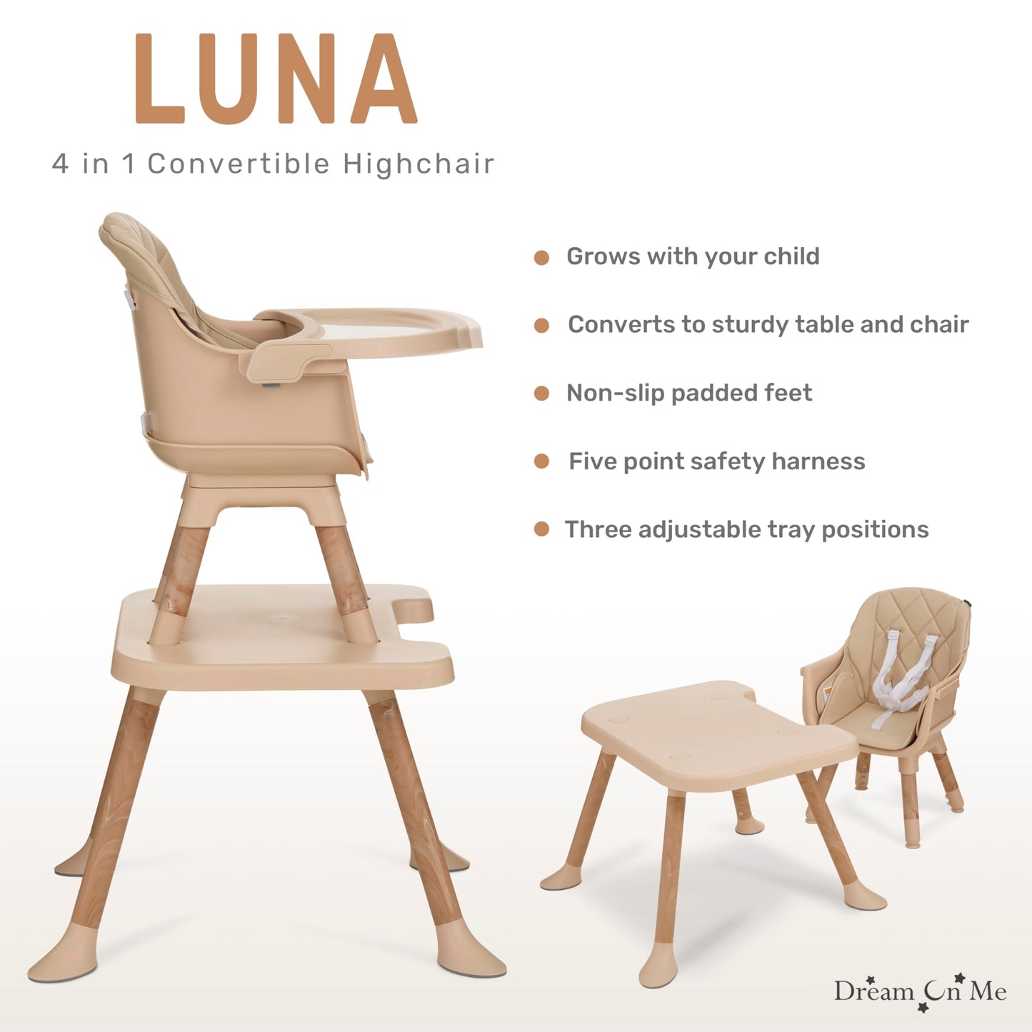 Dream On Me Luna 4-In-1 Convertible Baby High Chair In Beige