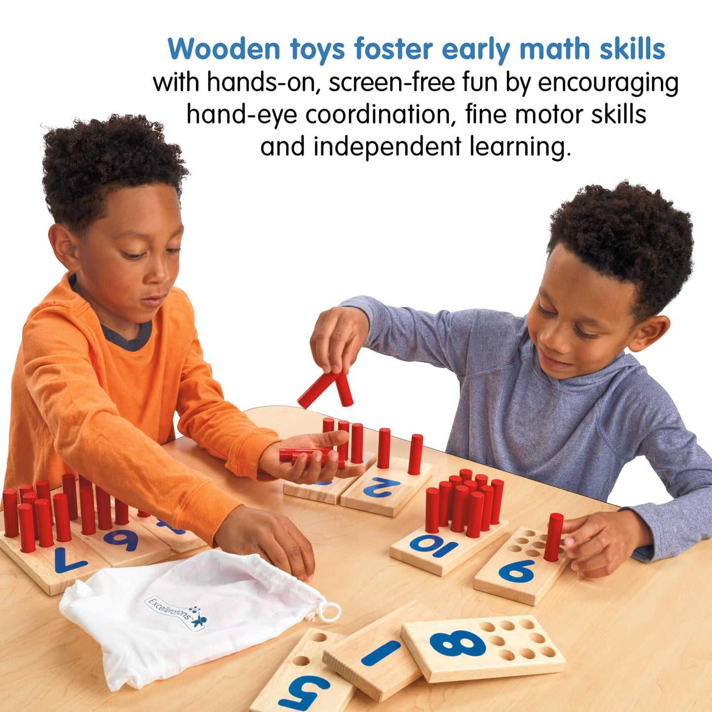 Excellerations Peg Number Board | Included: 10 Rubberwood Boards + 55 Wood Pegs + Storage Bag | Montessori Math Materials, Learn