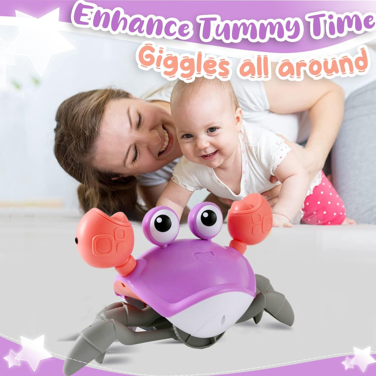 Purple Crawling Crab Baby Toy - Violet Tummy Time Crab Infant Walking Crab Dancing Moving Crawl Crab with Music & Light Cute Int