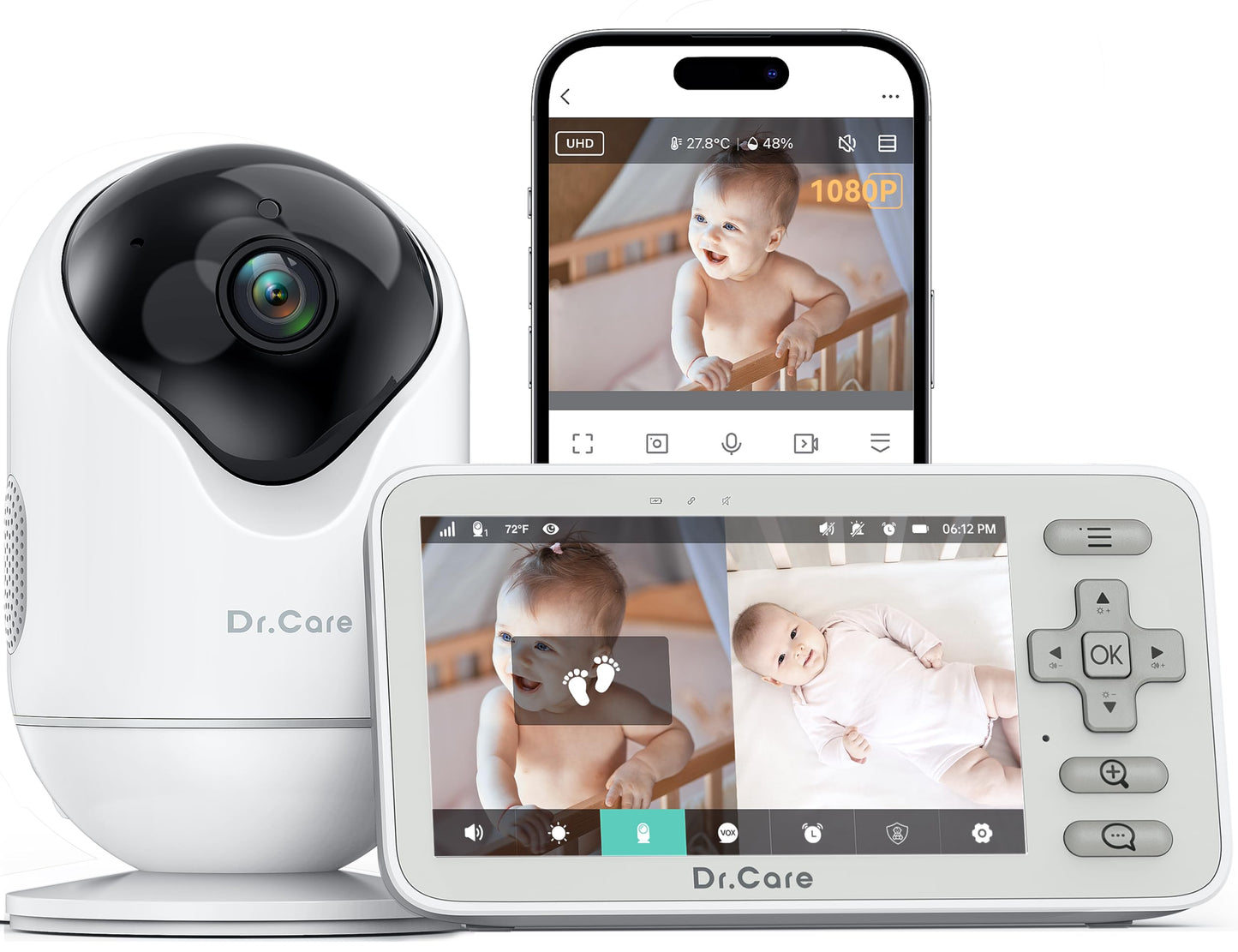 Dr.Care Vistaview Lite Smart Wifi Baby Monitor - 4    720P Split Screen & 1080P Camera App Control, Motion Alerts, Hd Night Visi