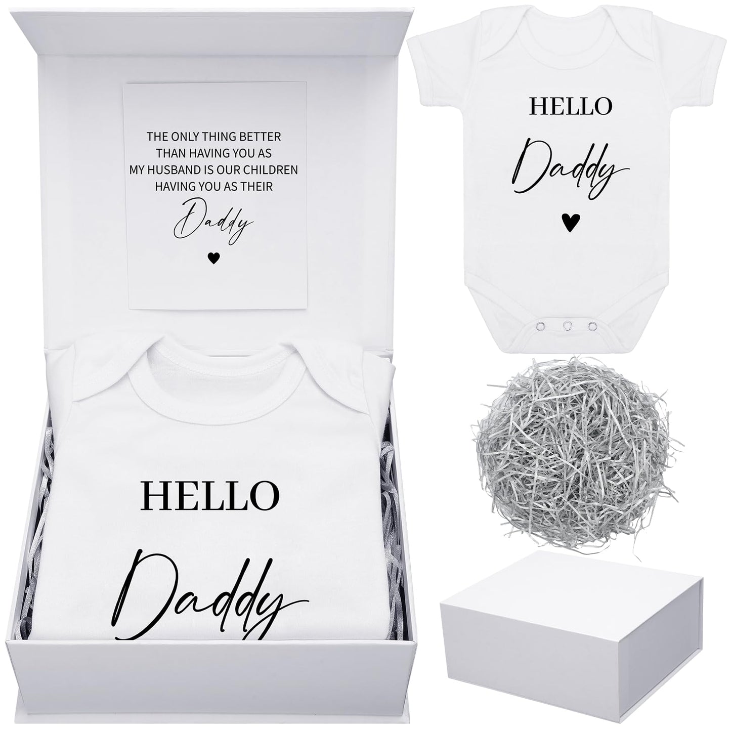 Shyyween 4 Pcs Pregnancy Announcement for Husband, Hello Daddy Baby Bodysuit, Hello Daddy Pregnancy Reveal Card Baby Reveal Gift