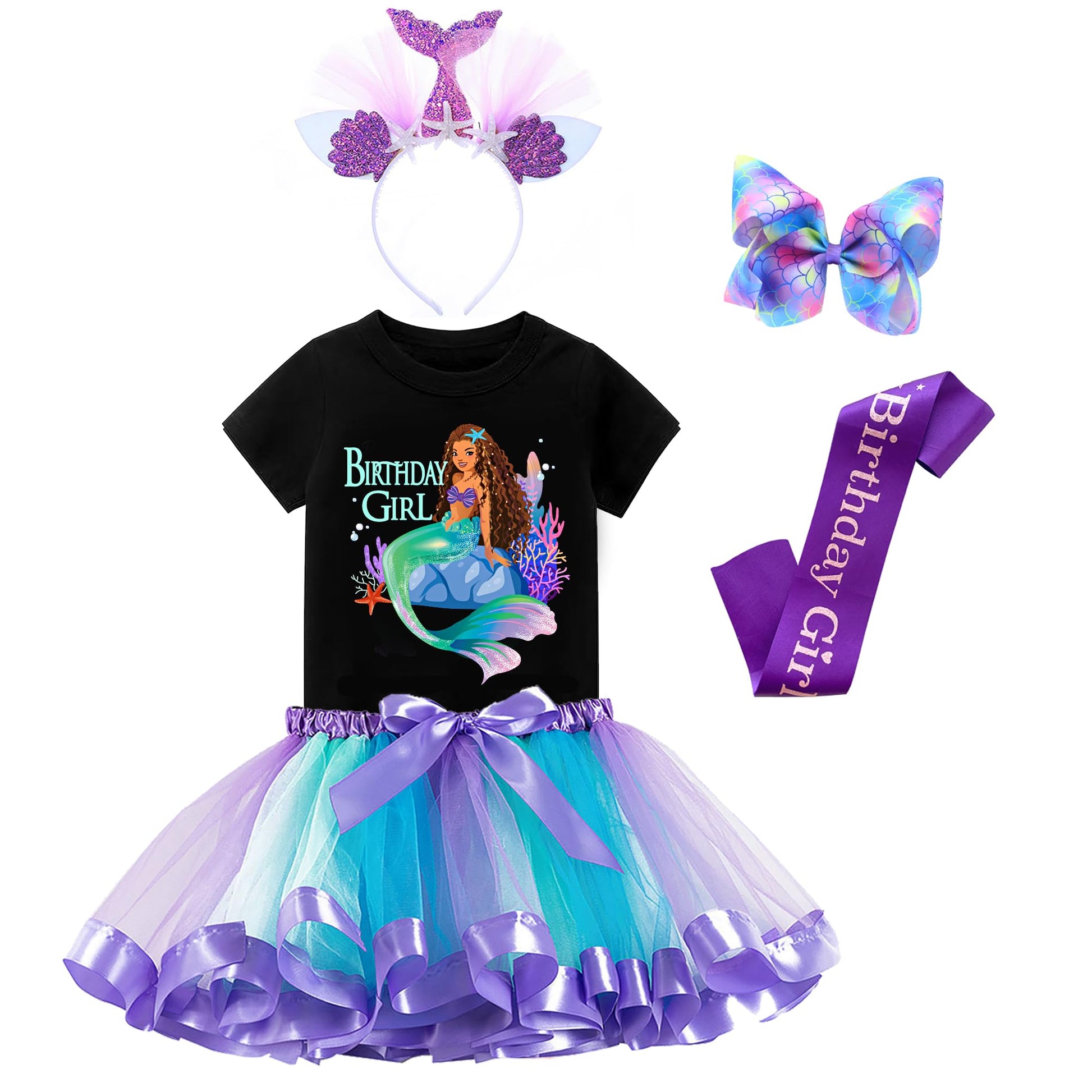 Mermaid Birthday Outfit Set - Shirt, Rainbow Tutu Dress, Satin Sash, Headband - Birthday Gifts For Girls Costume (Mermaid 9, 4-5
