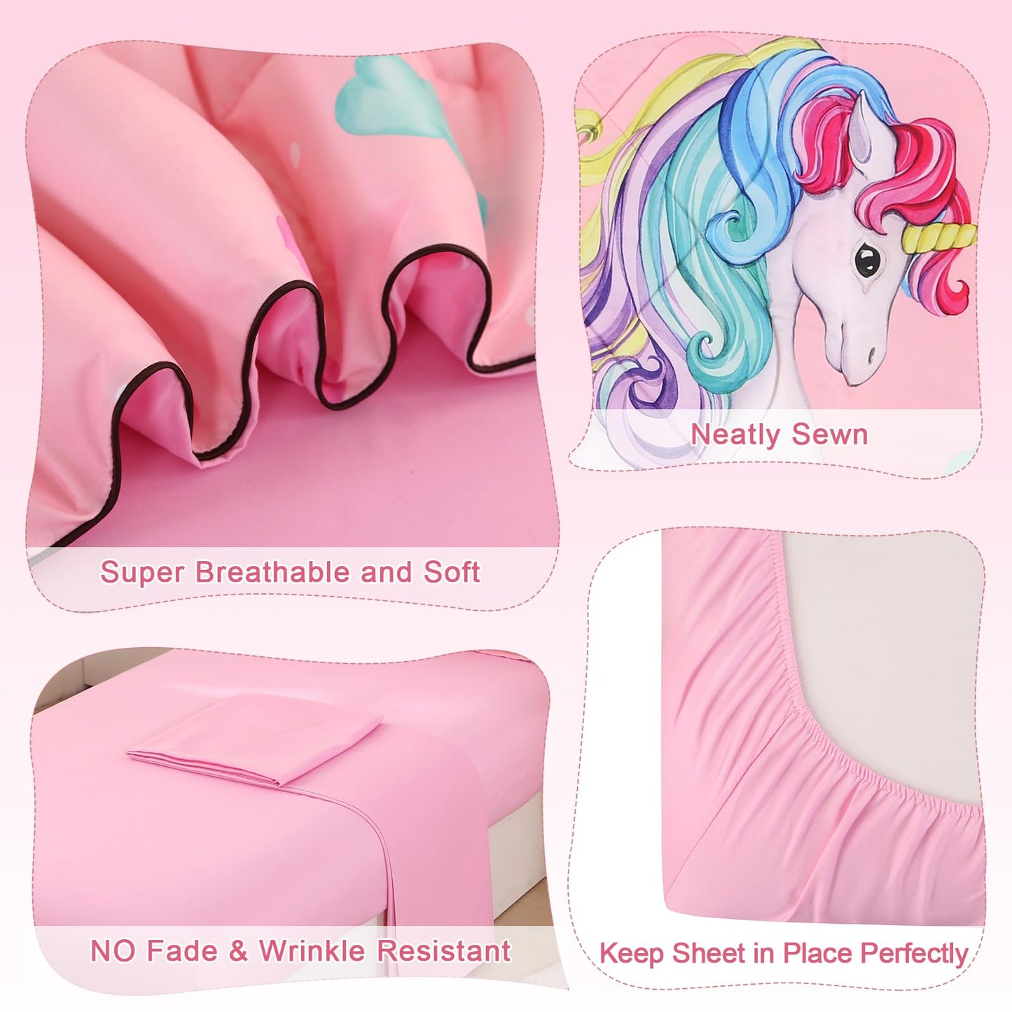 Wowelife Unicorn Toddler Bedding Set For Girls, Rainbow 4 Piece Toddler Bed Sheets Sets Pink Toddler Comforter Set Kids Bag In A