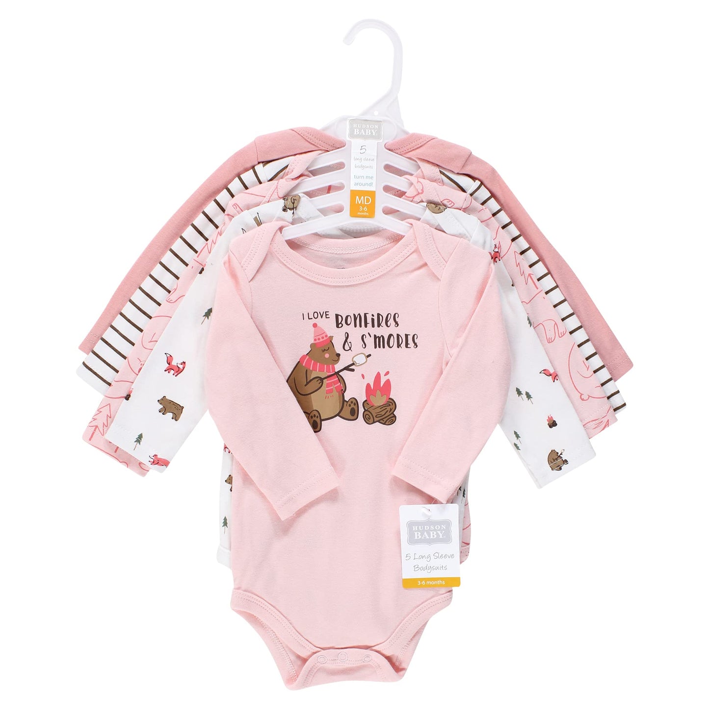 Hudson Baby Unisex Baby Cotton Long-Sleeve Bodysuits, Girl Camping Animals, 0-3 Months
