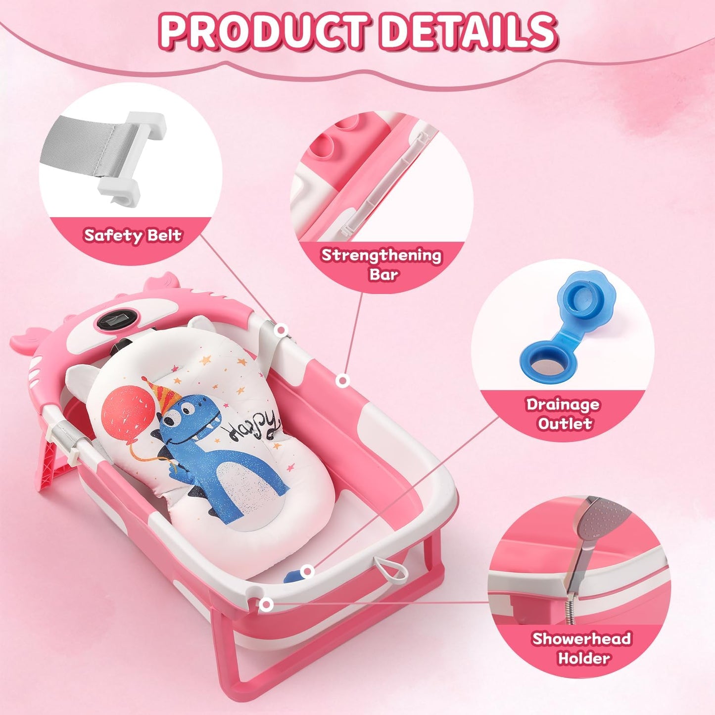 Baby Bathtub,Collapsible Baby Bath Tub With Thermometer & Soft Floating Cushion,Portable Travel Baby Bathtubs For Newborns To To