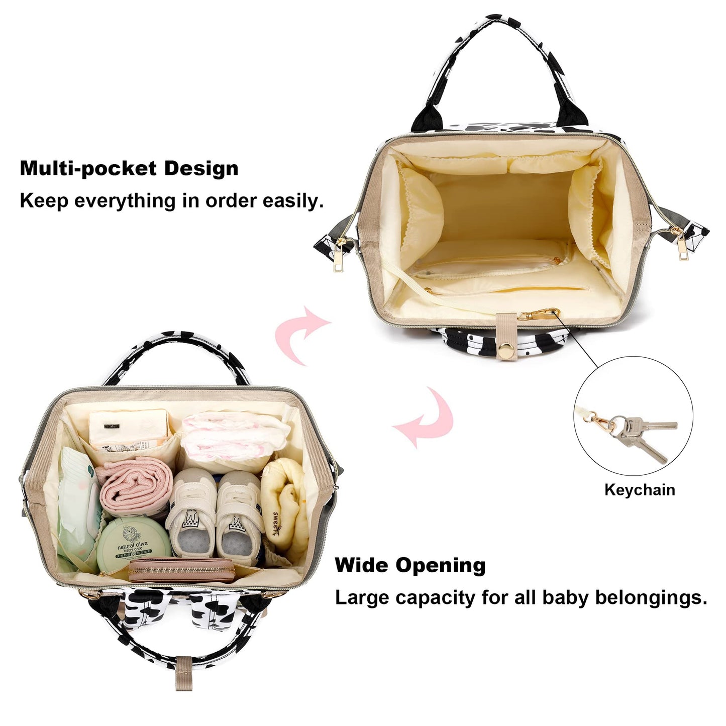 Xunteny Cow Print Baby Diaper Bag Backpack For Girls Boys, Waterproof Large Maternity Nappy Bags For Mom