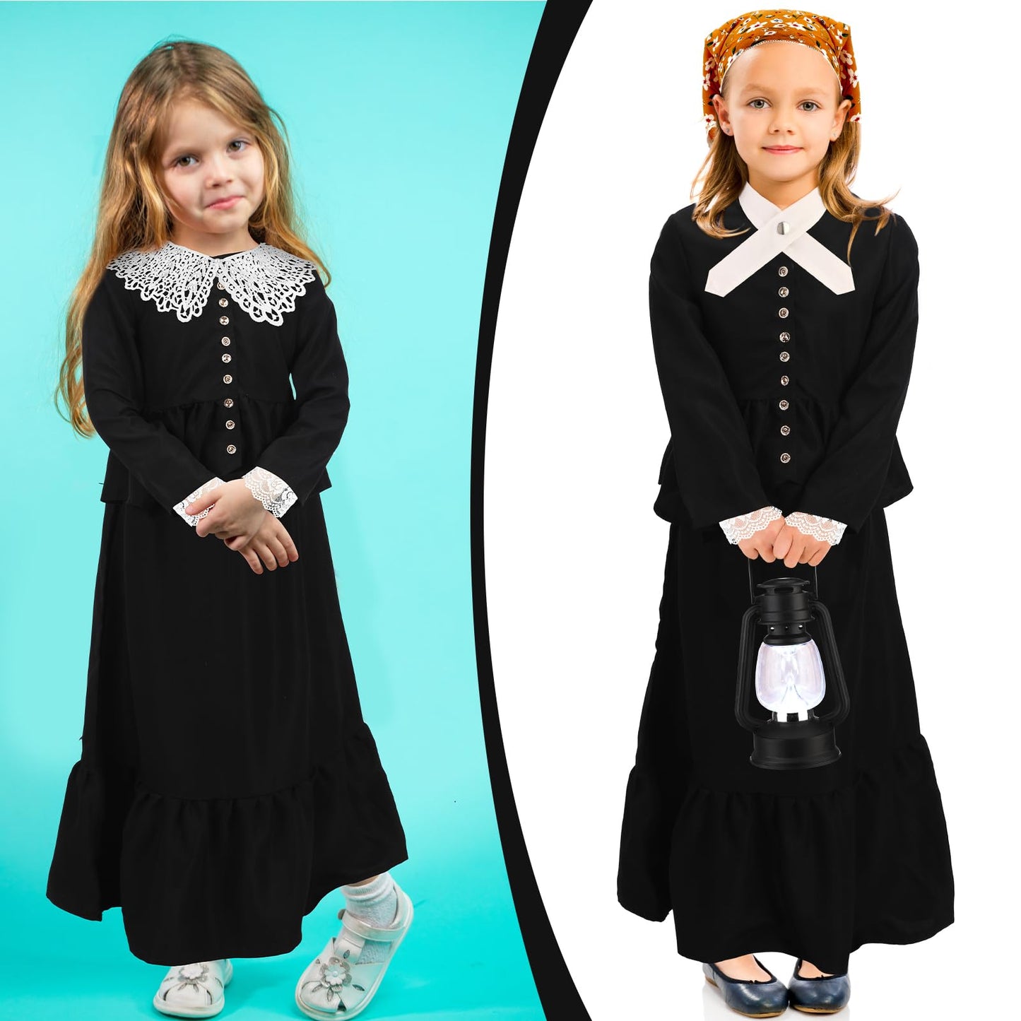 Panitay 6 Pc 1800S Colonial Costumes With Lace Cuffs Lace Collar Led Lantern For 100Th Day Of School Cosplay Party Girls Kids(Me