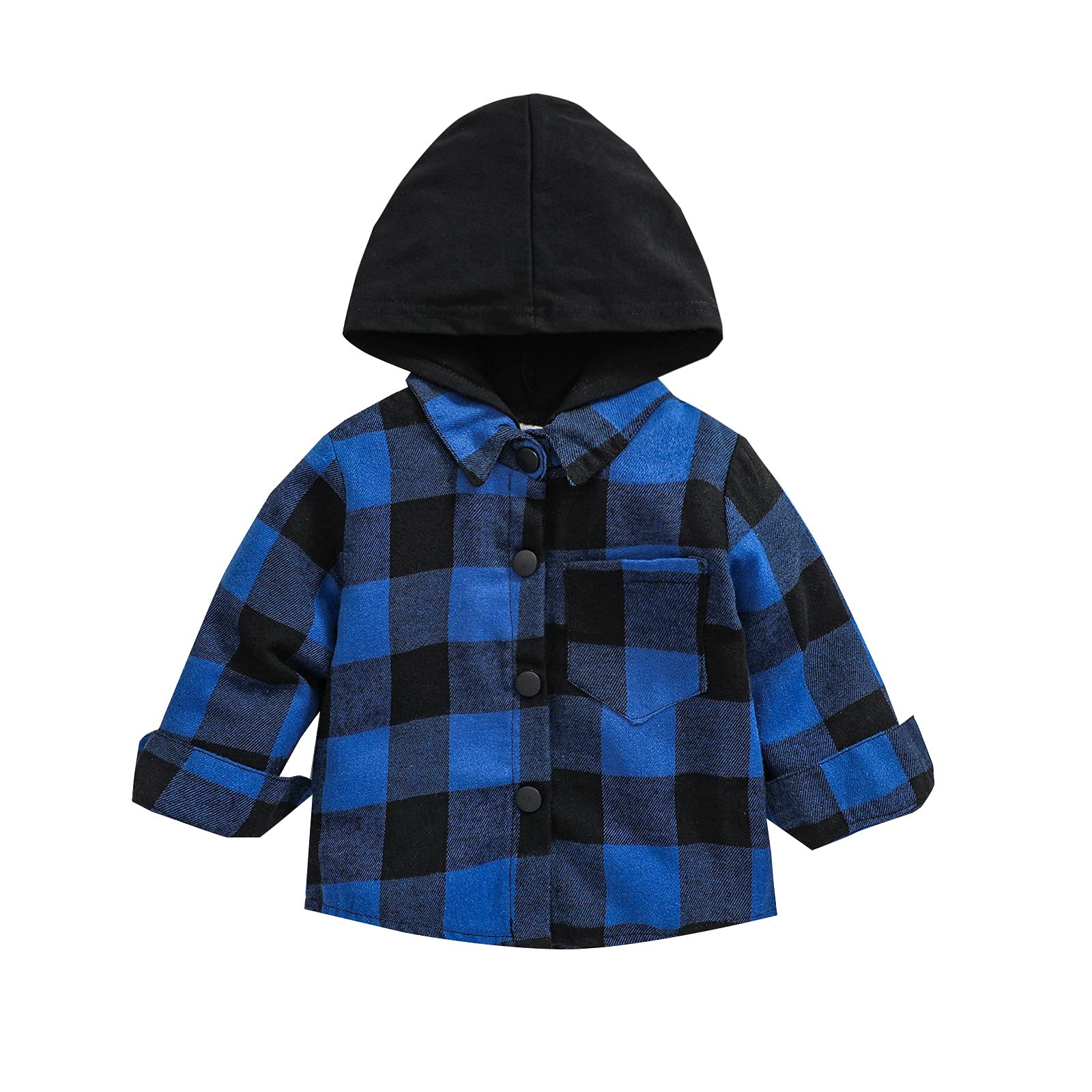 Kids Little Boys Girls Baby Long Sleeve Button Down Hooded Plaid Shirt Red Plaid Flannel Outfits (Blue, Tag 100, Us 18-24 Months