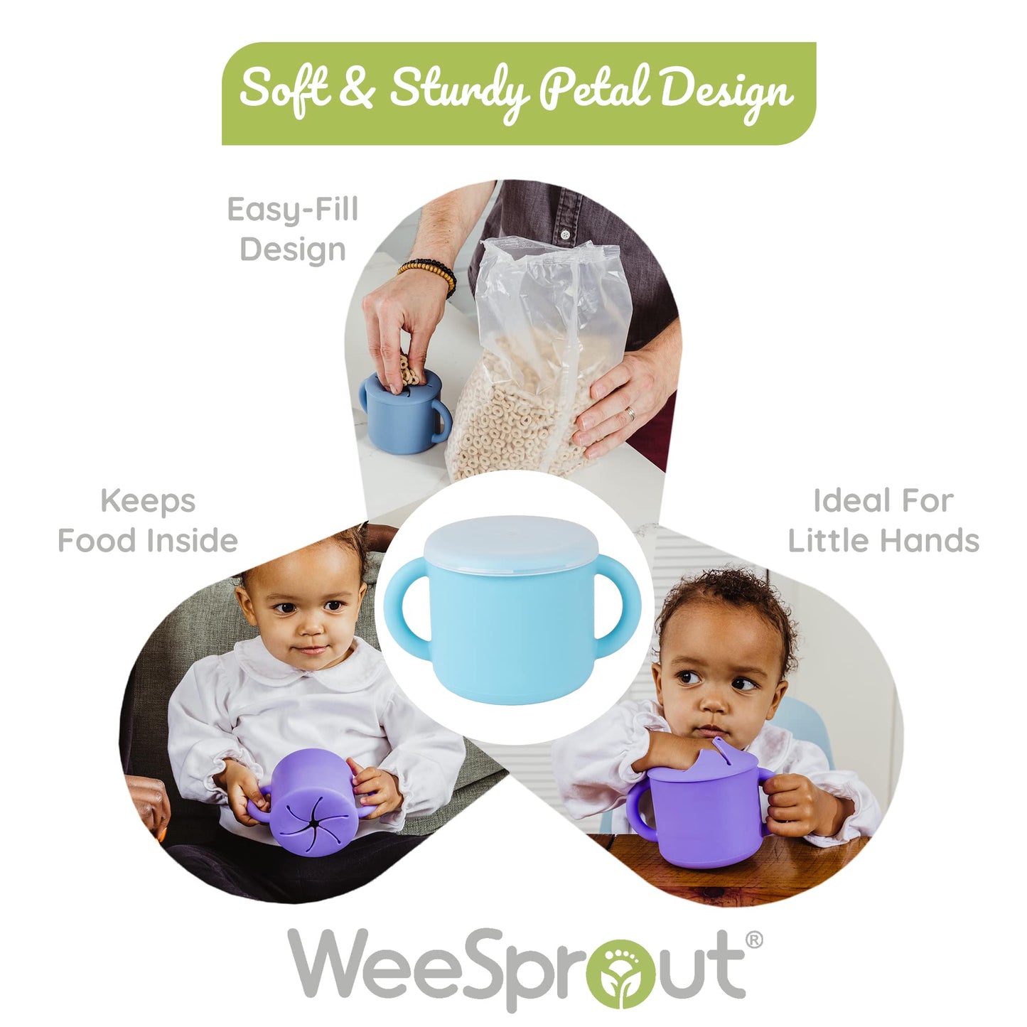 Weesprout Snack Containers, Food Grade Silicone Snack Cups, Spill-Proof Tops For Toddlers And Babies, Premium Hard Plastic Trave
