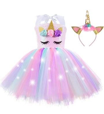 Zerostage Light Up Unicorn Birthday Decorations For Girls Halloween Costume Princess Dresses Outfits Gifts Sequin Party Tutu Wit