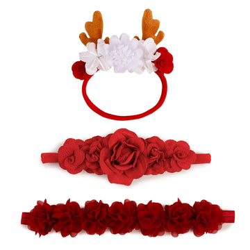 Mligril Baby Girl Floral Headbands Set - 3Pcs Flower Crown Xmas Elastic Hairband Newborn Toddler Hair Accessories Christmas Gift