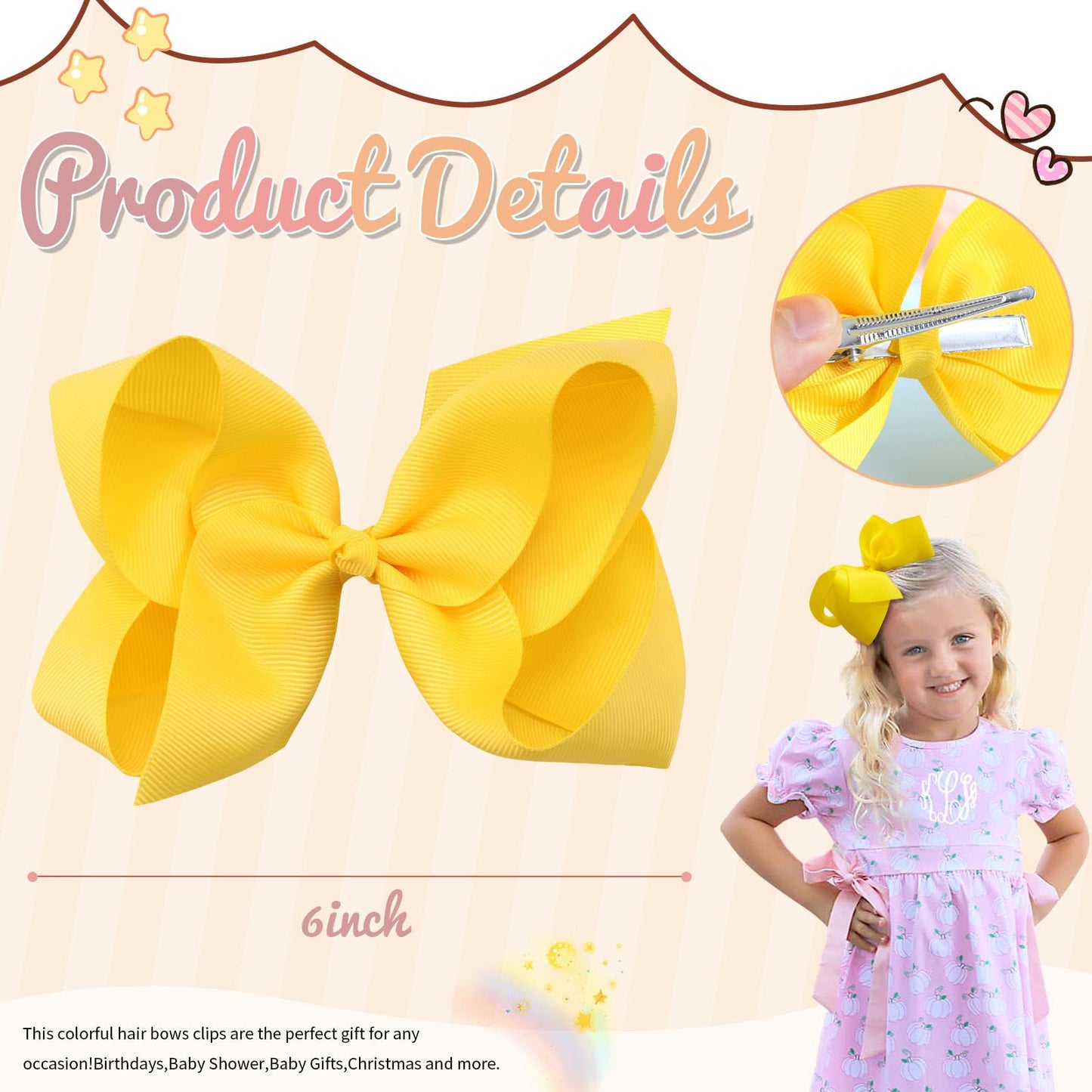 Oaoleer 2Pcs 6Inch Yellow Layered Grosgrain Ribbon Bow Alligator Clips, Baby Hair Accessories For Girls, Infants, Toddlers, Teen