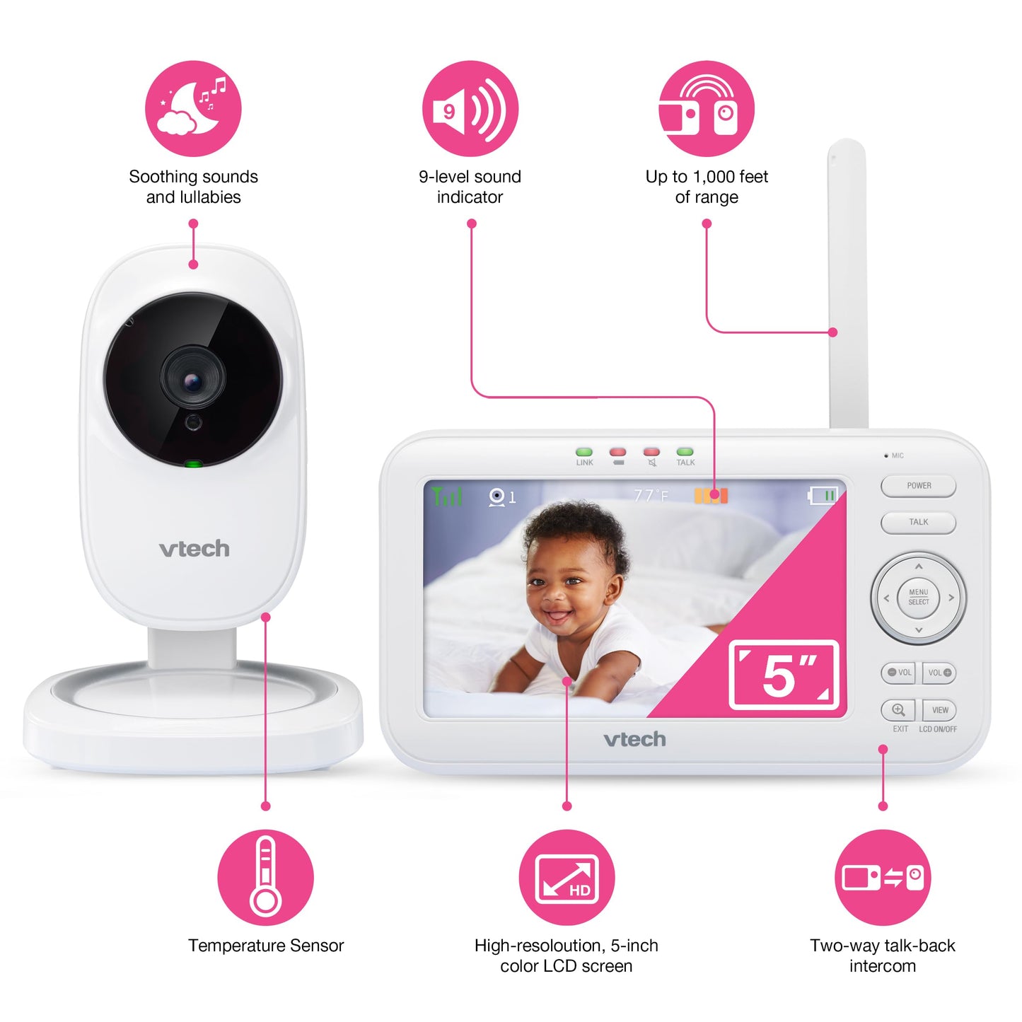 Vtech Vm5251 5    Digital Video Baby Monitor With Full-Color And Automatic Night Vision, White 5 Inch