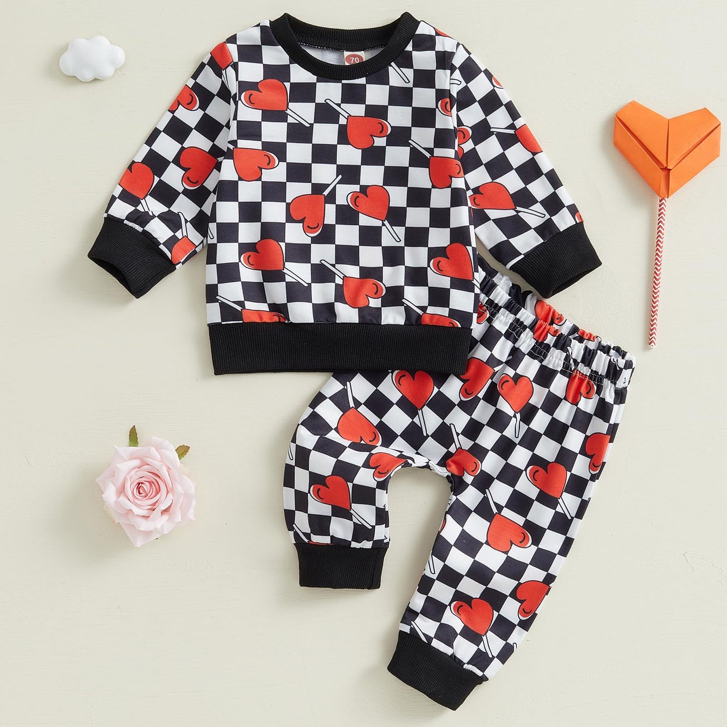 Baby Boy Valentines Day Outfit Letter Print Crewneck Sweatshirt Tops Pants Cute Valentines Day Baby Boy Outfit Clothes (A-Black