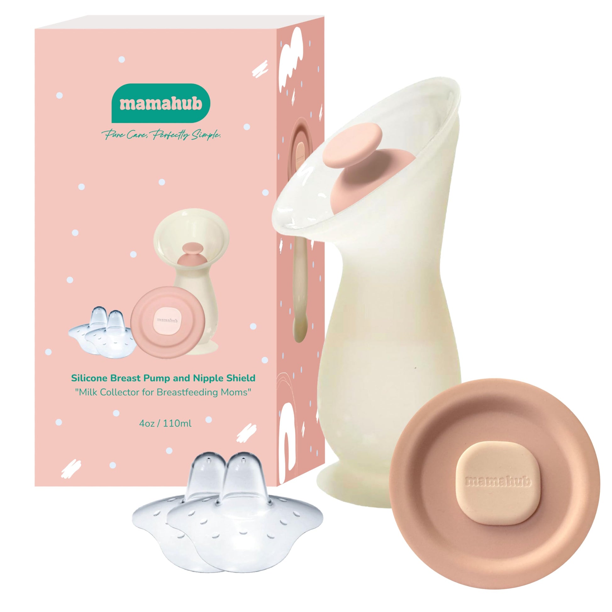 Mamahub Breast Pump, Silicone Breast Milk Collector, Hand Pump for Breastfeeding, Manual Breast Pump with Suction Base, 4oz/110m