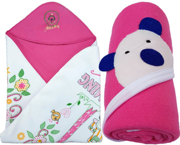 BRANDONN Newborn Combo of Double PLY Reversible Hooded and Fleece Hooded Baby Blankets(Pack of 2, HOTPINK)