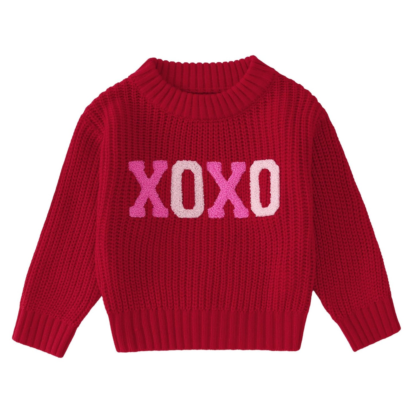 Toddler Girl Valentine'S Day Sweater Xoxo Chenille Patch Knit Sweater Chunky Long Sleeve Pullover Fall Winter Tops(Red,3T(90))