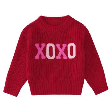 Toddler Girl Valentine'S Day Sweater Xoxo Chenille Patch Knit Sweater Chunky Long Sleeve Pullover Fall Winter Tops(Red,3T(90))