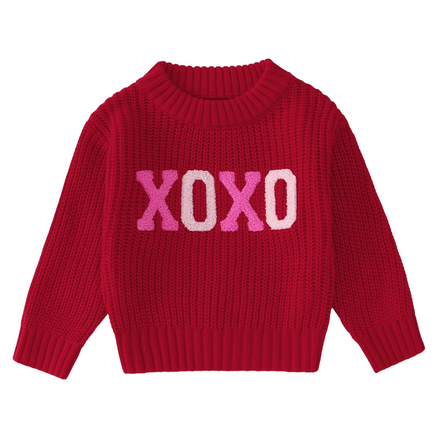 Toddler Girl Valentine'S Day Sweater Xoxo Chenille Patch Knit Sweater Chunky Long Sleeve Pullover Fall Winter Tops(Red,6T(120))