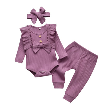 Kulcerry Newborn Infant Baby Girl Clothes Solid Color Bow Ribbed Long Sleeve Romper Pants Headband Outfits Set (Purple,Newborn)