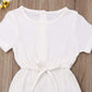 Mubineo Toddler Baby Girl Summer Fall Basic Plain Short Sleeve Cotton Linen Drawstring Romper Jumpsuit (White, 18-24 Months)