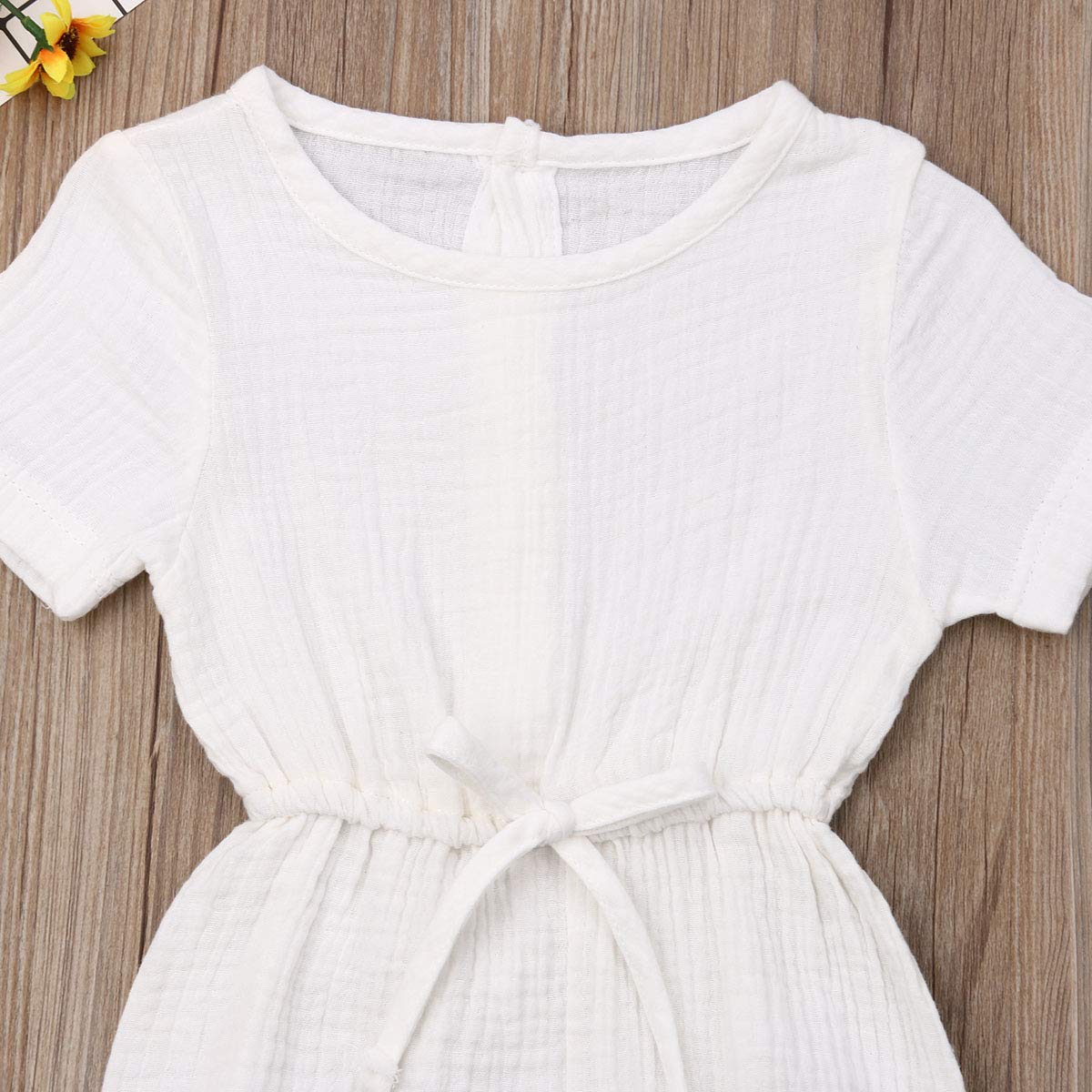 Mubineo Toddler Baby Girl Summer Fall Basic Plain Short Sleeve Cotton Linen Drawstring Romper Jumpsuit (White, 18-24 Months)