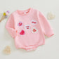 Kayotuas Baby Girl Valentines Outfit Pink Heart Embroidered Sweatshirt Romper Long Sleeve Bodysuit Jumpsuit Cute Fall Clothes (P