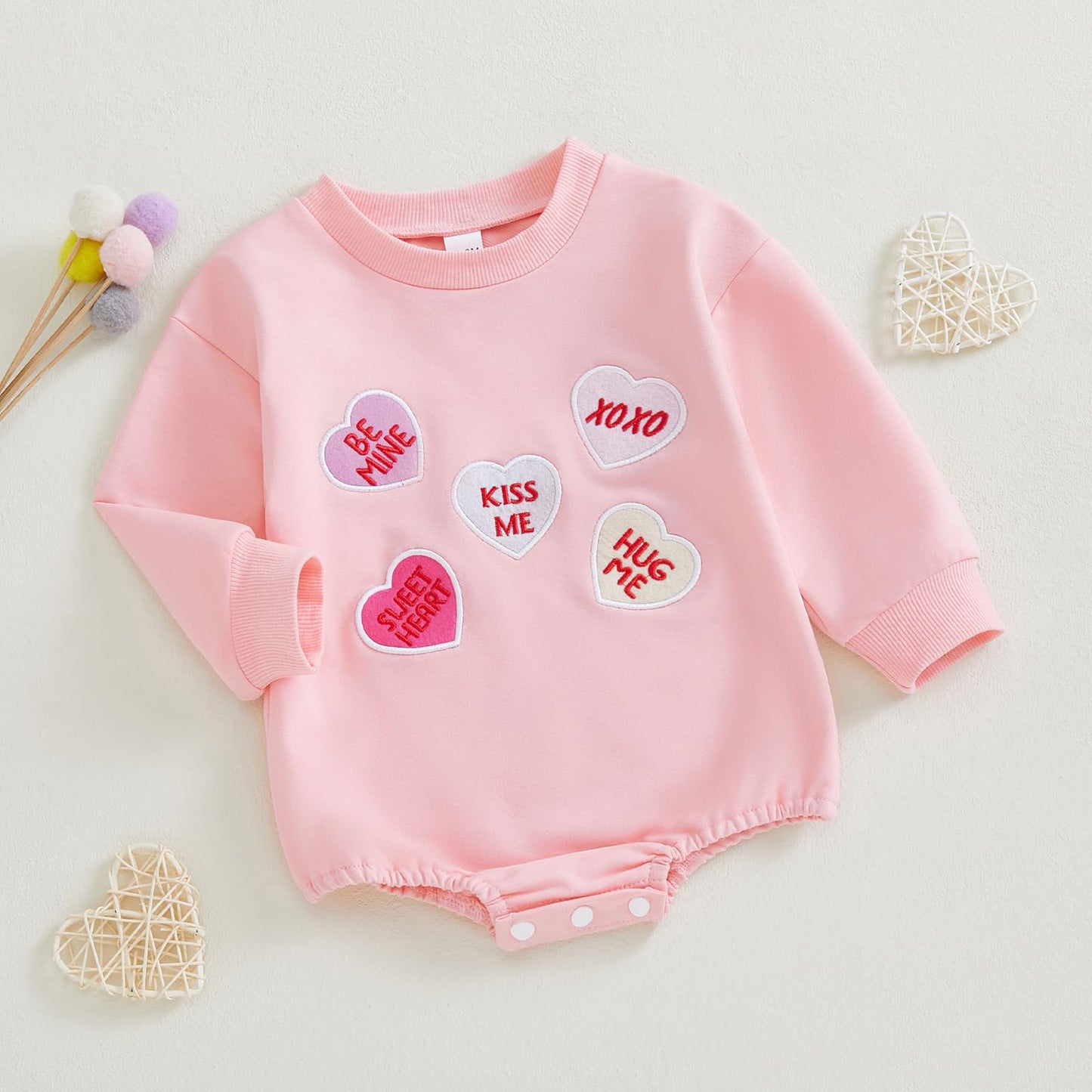 Kayotuas Baby Girl Valentines Outfit Pink Heart Embroidered Sweatshirt Romper Long Sleeve Bodysuit Jumpsuit Cute Fall Clothes (P