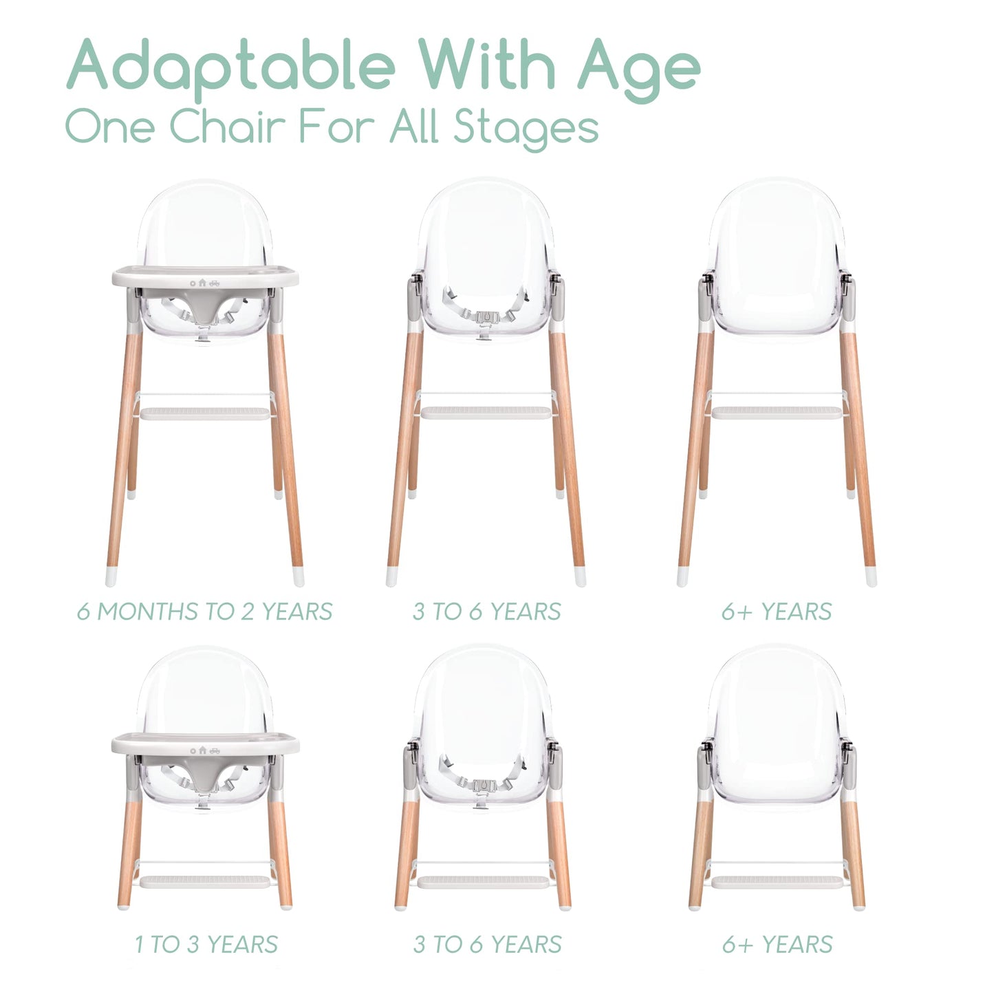 Children Of Design Classic Non-Reclinable 6 In 1 Wooden High Chair - Clear