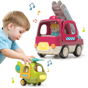 PANITU Baby Toys Push Cars for 1 2 3 Year Old 2 Pack Friction Powered Airplane Fire Trucks for Toddlers 1-3 Lights and Musical T