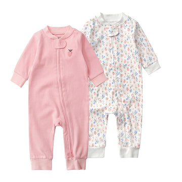 Teach Leanbh Baby 2-Pack 100% Cotton Romper Jumpsuits Two Way Zipper Long Sleeve Footless Sleep And Play (Pink Floral, 3-6 Month