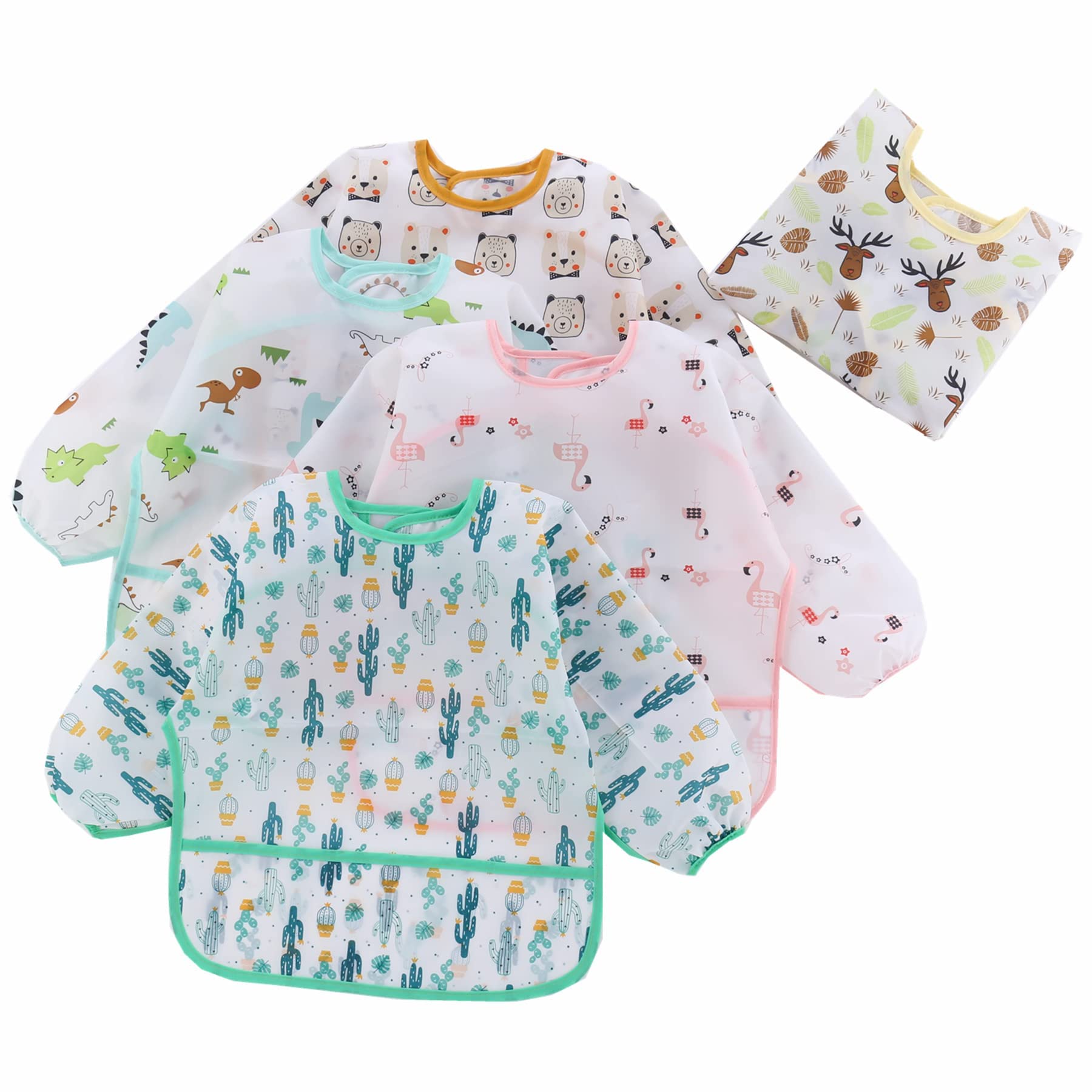 Haimoburg 5 Pcs Long Sleeved Baby Toddler Bibs Waterproof Sleeved Bib 3-24 Months
